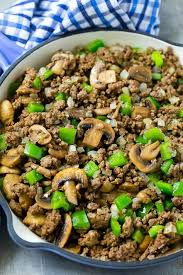 A Skillet Of Browned Hamburger Meat Mushrooms Onions And Bell Peppers Hamburger Meat Ground Beef Pasta Ground Chicken Recipes