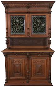 Buffet Mechelen Renaissance Antique 1890 Oak Wood Green Red Stained Glass Antique Furniture Leather Living Room Furniture Luxury Home Furniture