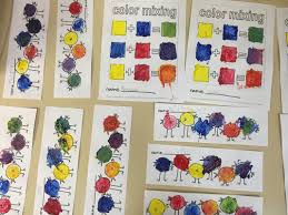 Say blue, take a blue crayon, walk over to one circle and color a small part of the circle. Color Mixing Art P R E P