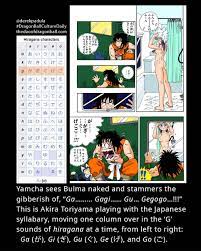 X 上的 Derek Padula：「Yamcha sees Bulma naked and stammers the gibberish of,  “Ga……… Gagi…… Gu… Gegogo…!!!” This is Akira Toriyama playing with the  Japanese syllabary, moving one column over in the 'G'