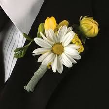 Bright canary and cream chrysanthemum blooms are sweetly presented in a bright color vase and tied with a cute bow for a look of happy yet casual beauty. Daisy Boutonniere Daisy Wedding Yellow Wedding Flowers Daisy Wedding Theme