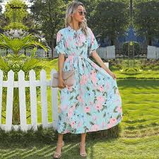 Pink and green flower dress. Women Summer Elegant Floral Pleated Dresses 2021 Pink Green Long Boho Belt Dress With Short Ruffle Sleeve Holiday Beach Clothes Dresses Aliexpress