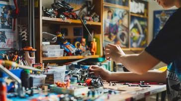 Lego robot đang được lắp ráp từng chi tiết trên bàn
