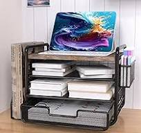 Amazon.com: 2025 New Large Capacity Desk Organizer with Drawer, Wooden  4-Tier Paper Organizer Letter Tray with File Holder and Pen Holders, Wooden  ...