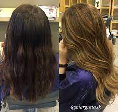 Before And After Coloring From Dark Brown Hair To A Lighter Golden Color With Balayage Dark To Light Hair Dark Brown Hair Color Lighter Hair