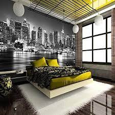 A professional design project and a photo of the bedroom are here. New York City At Night Skyline View Black White Wallpaper Mural Photo Giant Wall Poster Decor Art New Yo New York Bedroom City Bedroom Bedroom Wallpaper City