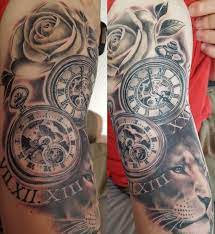 Pocket Watch Lion And Rose Blackwork Tattoo Roman Numerals Pocketwatch Pocketwatchtattoo Liontattoo R Pocket Watch Tattoos Watch Tattoos Sleeve Tattoos