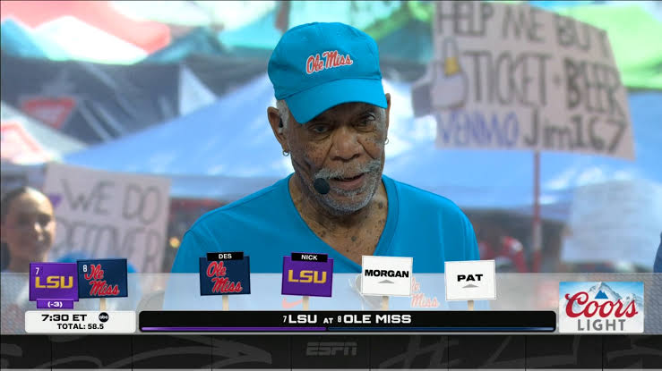 Morgan Freeman makes his picks from the College GameDay desk in Oxford  |  College GameDay | Facebook