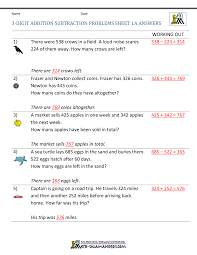 3rd grade addition and subtraction problems. 3rd Grade Addition And Subtraction Word Problems 3 And 4 Digits