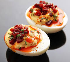 Deviled Eggs With Crisp Fried Spanish Chorizo And Sherry Vinegar Bright Red Chorizo Oil And Smoked Spanish Pa Recipes Egg Recipes Delicious Deviled Egg Recipe