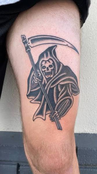 Stoked to make this reaper for Karl a little while back. Thanks again man! , Hit me up for January bookings. Looking forward to 2026!, #tattoo #traditionaltattoo #reaper #reapertattoo #bold ...