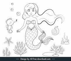 Gambar mewarnai barbie princess untuk anak. Fairy Tale Mermaid Painting Black White Handdrawn Cartoon Free Vector In Adobe Illustrator Ai Ai Format Encapsulated Postscript Eps Eps Format Format For Free Download 4 59mb