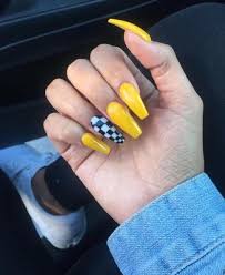 Yellow And Black Acrylic Nail Designs Nail Inspo Yellow Checkerboard Checkered Nails Acrylic Nails Yellow Yellow Nails Design