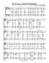Notice theflat sign over the b line in both the treble and bass clef? Free Choir Sheet Music O Come All Ye Faithful Key Of F G A And Bb Major Enjoy Sheet Music Hymn Music Hymn Sheet Music