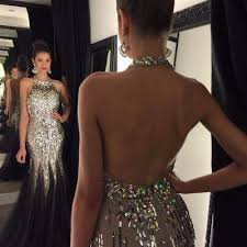 Luxury Bling Black Prom Dresses Mermaid Crystals Beaded Halter Neck Open Back Tulle Sweep Train Par Backless Prom Dresses Tulle Prom Dress Evening Gown Dresses