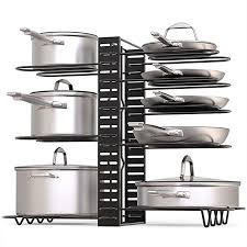 Pan organizer rack for cabinet pot rack with 3 diy methods 8 tiers adjustable pots and pans organizer under cabinet for kitchen counter lid organizer pot organizer rack black steel. 8 Tier Adjustable Heights Pot And Pan Organizer Rack 3 Diy Use Methods Pot Lid Holders For Kitchen Cabinet Pantry Vertical Horizontal Placement Black Best Buy Canada