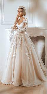 Ball Gown Long Sleeves Lace Floral Wedding Dress Lbqw0099 Disney Wedding Dresses Light Pink Wedding Dress Wedding Dress Long Sleeve