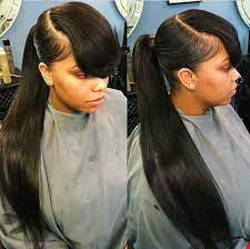 The blunt bangs give this hairstyle a fierce and chic tone. Theextramile Long Pony And Bangs Long Ponytail Hairstyles Black Ponytail Hairstyles Weave Ponytail Hairstyles