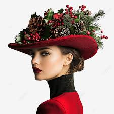 Festive Holiday Fashion, Woman Wearing A Red Hat With Holly And Pine Cones,  Woman, Red Hat PNG Transparent Image and Clipart for Free Download