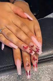 You can save the coffin baddie red acrylic nails with glitter here. Butterflies Acrylic Nails Acrylic Nails White Acrylic Nails Pink Acrylic Nails