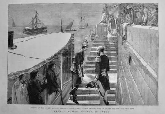 Prince Albert Victor in India : Landing at the Apollo Bunder, Bombay - Prince Albert Victor setting foot on Indian Soil for the First Time. 1889.