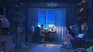 1600x900 Wallpaper Night Room Girls Friends Things Computer Drinks Lamp Shelves Tv Cenario Anime Papel De Parede Pc Ilustracoes Conceituais