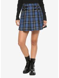 Blue Plaid Pleated Double Buckle Skirt | Hot Topic