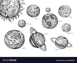 Hand drawn celestial planet parade. Sketch Solar System Planets Mercury Venus Earth Mars Jupiter Saturn Uranus And Neptune In Hand Drawn Engravi Planet Drawing Planet Tattoos Planet Sketch