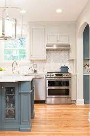 Grey blue and white kitchen cabinets. Blue Gray Island With White Cabinets Transitional Kitchen