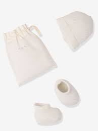 Ensemble Bebe Naissance Chaussons Et Bonnet Tricot Bio Ecru Vertbaudet