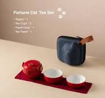 Fortune Cat Portable Tea Set with Travel Case - Green