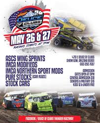 IMCA STOCK CARS, & C.A.R Bombers you have been added for May 26th & 27th.  See you all at Deuce of Clubs Thunder Raceway. 🏁