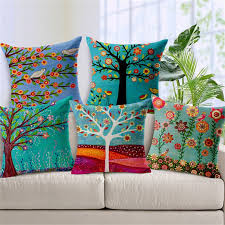 Hand Painted Flower Tree Print Cushion Covers For Sofa Cotton Linen Car Seat Home Decorative Decorative Pillow Covers Cotton Linen Cushion Linen Pillow Covers