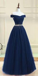 Beaded Navy Off Shoulder Prom Dress 2019 Custom Made Tulle Beadings School Dance Dresses Fahion Long A Trendy Prom Dresses Prom Dresses Blue Cute Prom Dresses