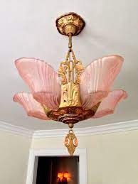 Antique 5 Light Pink Slip Shade Chandelier Rare 1920 S Rewired And Restored Barbola Roses Slipper Glass Satin Dining Kitchen Chandelier Shades Light Shades Of Gold