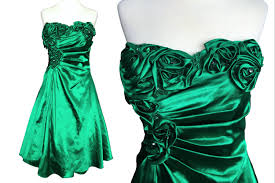 80s Emerald Kelly Green Satin Strapless Rosette Crystal Trim Ruched Lace Up Back Cocktail Prom Party Dress Xmas Mardi Gras Carnival Dress In 2020 Carnival Dress Prom Party Dresses Crinoline Dress