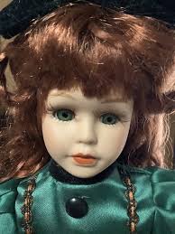 16 Porcelain Victorian Style Doll With Stand Long Red Curly Hair, Blue Eyes  With Lashes, Emerald Green Satin Dress