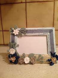 Cornice In Legno Dipinta Blu E Bianco Decorata Decoupage Con Carta Scritta A Pennino Fiori E Rametti In Pannolenci Con Big Cornici Cornici In Legno Decoupage