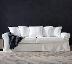 Pb Comfort Roll Arm Slipcovered Loveseat 67 Box Edge Memory Foam Cushions Sunbrella R P Slipcovered Sofa Upholstered Sofa Comfortable Living Room Furniture