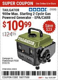 Tailgator 900 Watt Max Starting 2 Cycle Gas Powered Generator For 109 99 Power Generator Gas Powered Generator Harbor Freight Tools