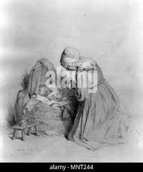 Paul Constant Soyer (French, 1823-1903). 'Woman Praying Beside Baby in  Cradle,' 1864. graphite and watercolor with white heightening