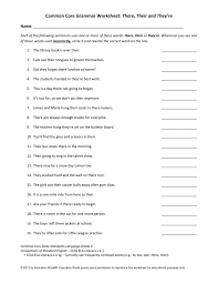 This homophones worksheet directs the student to write which version of there, their, or they're best completes each sentence. Common Core Grammar Worksheet There