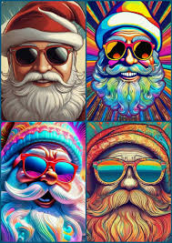 Faces of Santa. The head of a happy Santa Claus, wearing reflecting  sunglasses. Portrait, [style examples: illustration