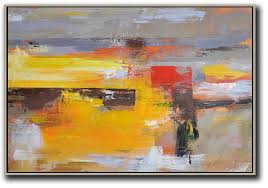 This artwork is made entirely. Modern Canvas Art Horizontal Palette Knife Contemporary Art Modern Wall Art Grey Yellow Red Etc