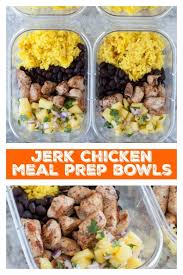 Jerk Chicken Meal Prep Bowls Filled With Jerk Spiced Chicken Black Beans Pineapple Salsa And Yellow Rice Meal Prep Chicken Meal Prep Meal Prep Bowls Meals