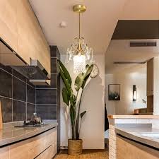 Stainless steel and paneled appliances and open shelving to store dishes and other kitchenware. Clear Crystal Mini Ceiling Pendant 1 Light Mid Century Modern Suspended Lamp In Gold For Kitchen Island Beautifulhalo Com