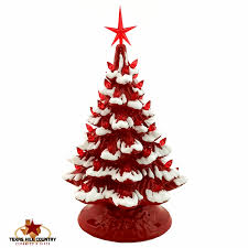 Bright Red Ceramic Christmas Tree With Snow Red Lights And Star 11 1 2 Inches Tall Tabletop Tree Electric Lighted Base Made To Order Christmas Tree With Snow Vintage Ceramic Christmas