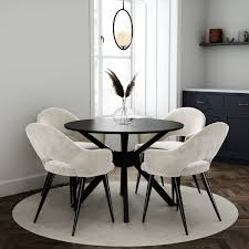 Finance from £12.48 a month 0% finance available. 4 Seater Round Black Dining Set With 4 Beige Fabric Dining Chairs Karie Furniture123