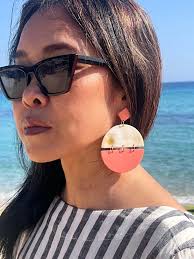 Earrings in Real White Horn and Pink Lacquer. Pink Oversized Earrings.  Quirky Earrings.