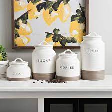 Vintage tin kitchen canister set featuring a charming chef! Two Tone Modern Farmhouse Canisters Set Of 4 Farmhouse Canisters Farmhouse Kitchen Decor Farmhouse Kitchen Canisters